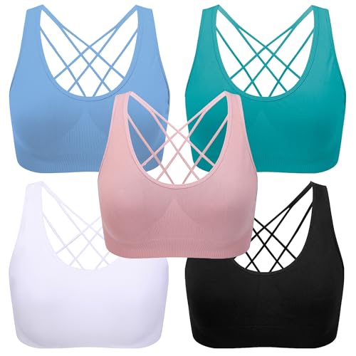 Image of Women's Cross Back Sport Bras, Seamless Padded Strappy High Support Yoga