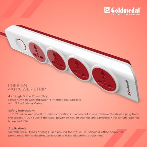 Image of COPPE-RICO Goldmedal I-Design 4X1 Power Strip with 4 International Sockets,Master Switch,Indicator and 2-Meter Power Cable -White,Pack of 1,Made with Fire-Retardant Material