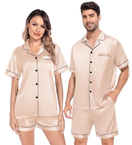 Image of SWOMOG Satin Matching Pajamas Sets Couple Silk Button Down Nightwear Women & Men Short Sleeve Sleepwear 2 Pieces Loungewear