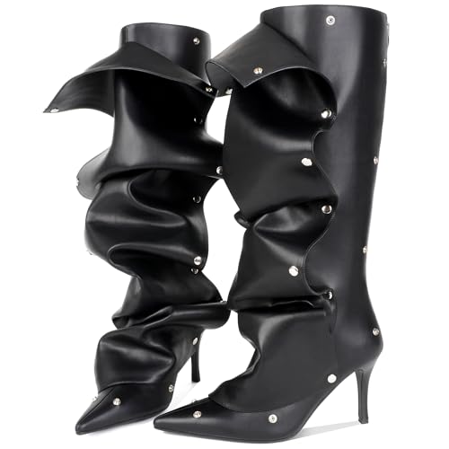 Knee High Boots for Women, Pointed Toe Stiletto Shark Boots, Detachable High Heels Fold Over Long Boots Ruched Slouchy Tall Studded Sexy Boots for Women