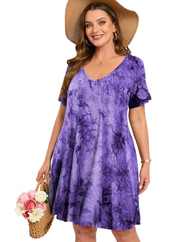 Image of ZENNILO Women's Plus Size Swing Dress with Pockets Casual Summer Dresses V Neck Short Sleeve T Shirt Dress for Women