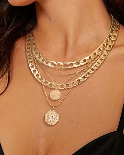 MJartoria Gold Layered Necklaces for Women Trendy Retro Coin Pendant Necklace Dainty Chunky Chain Necklaces for Jewelry Birthday Gifts2