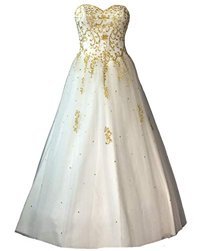 Lemai Sweetheart Gold Embroidery Beaded Long A Line Tulle White Prom Wedding Dresses US 2 at Amazon Women's Clothing store