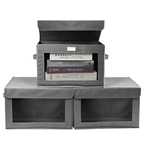 KYYGKY 3PCS Cajas de Almacenamiento de Tela, Cajas Almacenaje con Tapa y Asas, Cajas Almacenaje Ropa de Tela con Ventanas Transparentes, Plegable Cajas para Almacenar Ropa y Juguetes 38 * 24 * 24CM