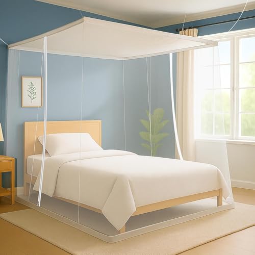 Image of Classic Mosquito Net for Single Size Bed with Double Zipper | Foldable Machardani | Polyester Strong & Breathable Mesh 4 x 6.5 ft | Easy Entry /Exit, Lightweight, Ideal for Home & Travel - White