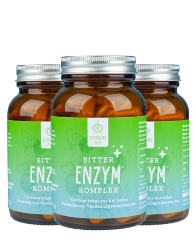 BitterLiebe Cápsulas complejas de enzimas amargas con 5 enzimas digestivas – contra la hinchazón – con papaína, lactasa, alfa-amilasa, lipasa y proteasa – Juego de 3