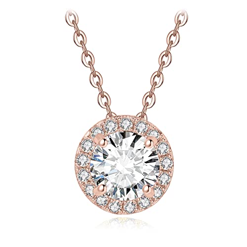 JewelryPalace 1ct Classique Zirconium Pendentif Taille Rond Solitaire Argent Femme Fiançailles, Collier Halo Plaqué Or Rose Chaine Diamant Simulé Mariage 45CM, Ensemble Bijoux Cadeau Anniversaire