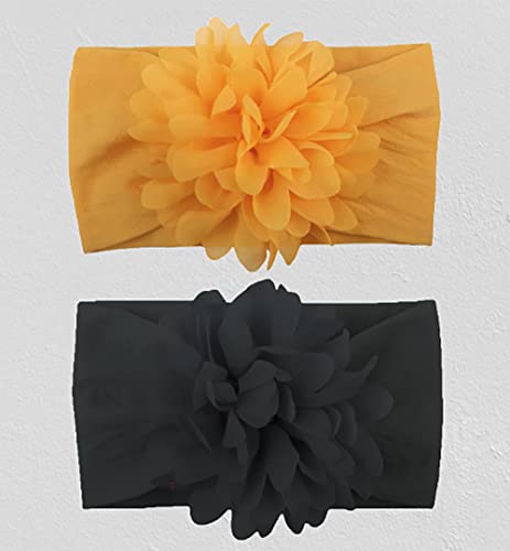 Image of SYGA Pack of 2 Baby Headbands Nylon Flower Soft Stretchable Hairband for Newborn Infant Toddler Kids For 0-3 Year Black & Yellow
