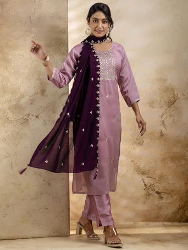 Image of VredeVogel Women's Silk Blend Embroidered Kurta with Pant & Dupatta Set | Modern & Traditional Blend Ethnic Wear | Festive & Casual Outfit