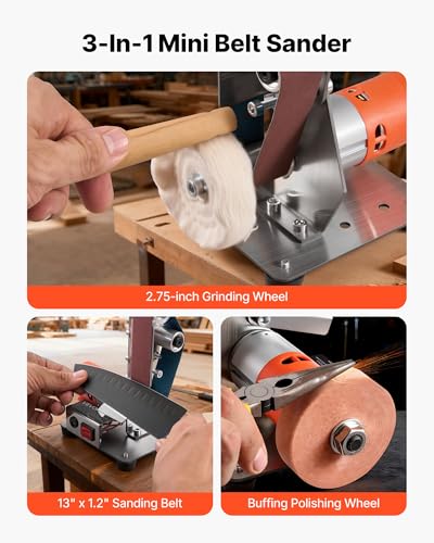 Image of VEVOR 3-in-1 Mini Belt Sander, 13 inch x 1.2 inch Sanding Belt, 2.75 inch Grinding & Polishing Wheel Combo, 7-Speed Adjustable with Forward /Reverse Control for Woodworking, Jewelry Making, Knife Sharpening