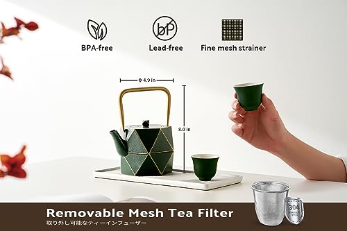 Toptier Cast Iron Teapot, Stovetop Safe Japanese Cast Iron Tea Kettle, Diamond Design Tea Pot with Removable Infuser for Loose Tea, 40 Ounce (1200 ml), Dark Green
