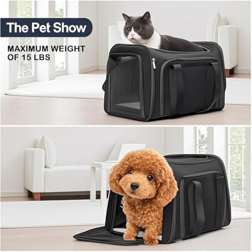 HOCLAUHO Transporttasche Katze Hund Groß Tragbare Haustiertasche für draußen Faltbar atmungsaktiv Große Kapazität für Zwei kleine Katzen, Autoreise Tragetasche für Katze mittel große Hund(Schwarz)
