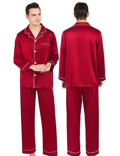 SWOMOG Couples Matching Silk Satin Pajamas Set Long Sleeve Sleepwear Soft Button Down Loungewear 2 Pcs Pj Set (Men Red Small)3