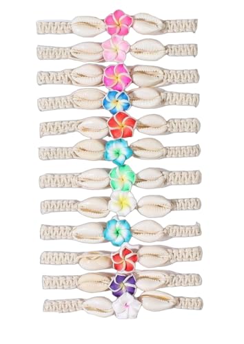 COLORFUL BLING 5 to 12 Pcs Hawaiian Plumeria Rubra Bracelets for Women Bohemian Shell Starfish Tropical Flower Charms Bracelet Set Handmade Braided Woven Rope Stretch Bracelets Summer Beach Jewelry