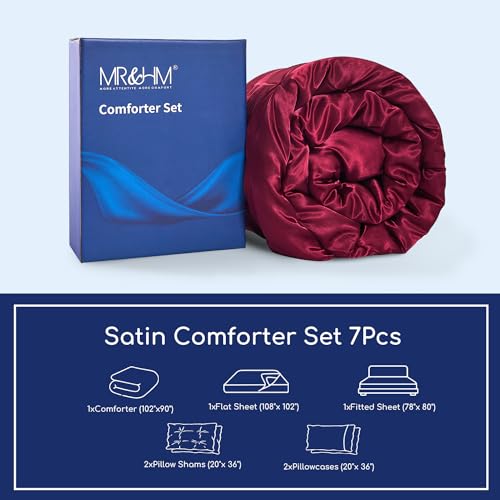 MR&HM Satin Comforter King 7 Pieces - Luxurious Pinch Pleat Bedding Set with Comforter, Flat Sheet, Fitted Sheet, Pillowcases & Shams, Super Silky Soft Bed Set for All Season (King, Burgundy)