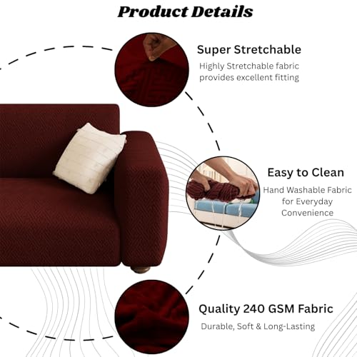 Image of Lukzer 1 Seater Pastel Deep Maroon Grid Maze Pattern Sofa Cover | 240 GSM Universal Stretch Fit Jacquard Fabric Couch Protector | Fully Covered Anti Slip & Washable Sofa Cover (90-140cm /SC-109-01)