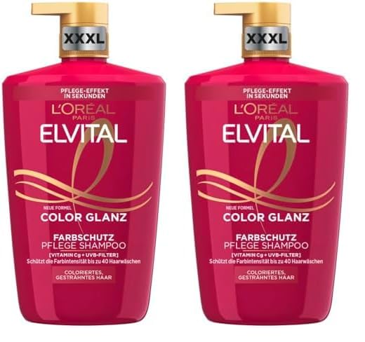 L'Oréal Paris Elvital XXXL Farbschutz Shampoo für coloriertes, getöntes oder gesträhntes Haar, Mit Pfingstrosen Extrakt und UVA-/UVB- Filter, Color Glanz Pflegeshampoo, 1 x 1000 ml (Packung mit 2)