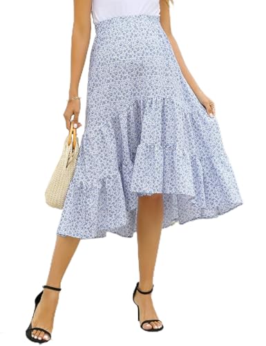 FUNJULY Maternity Dress Women's High Waist Floral Print Pleated Maxi Skirt Casual Flowy Swing A Line Long Skirts BlueWhite L