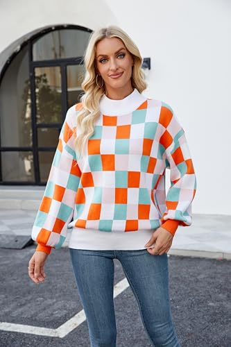 Image of Spring Sweaters for Women, Women's Long Sleeve Turtleneck Stripes Plaid Trendy Oversized Ribbed Knit Pullover Sweater