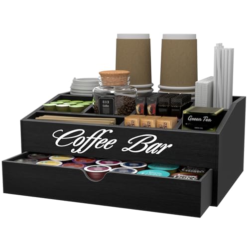 Image of Suli Coffee Bar Station Organizer,Extra Large Wooden Countertop Pods Holder with Drawer,Storage for Condiment Syrup Tea Cups,Rustic Bar Decor for Accessories Organizer (2 Tiers 11 Compartments)-Black