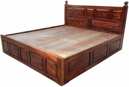 Image of Sheesham Wood King Size Bed with Storage Box | Wooden Box Bed King Size Double Cot Bed with Storage for Bedroom | Premium Lattu Design Headboard Bed for Hotel, Home | Dark Red Mogin