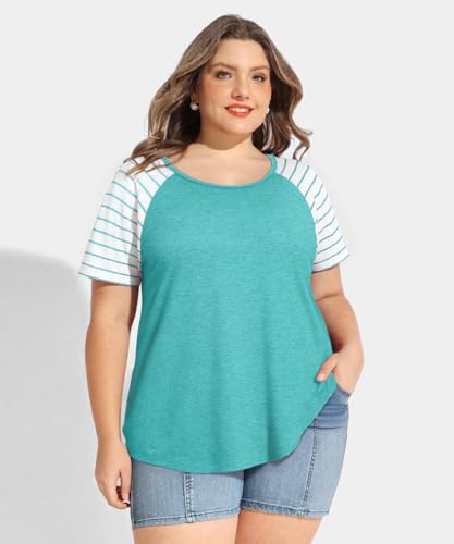 Image of CARCOS Plus Size Tops for Women Short Sleeve Raglan Striped Tee Color Block Crewneck /V Neck Tunic Loose Fit Summer XL-5XL