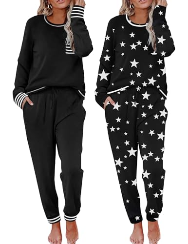Image of Ekouaer 2 Pack Womens Pajama Sets Long Sleeve Lounge Sets Soft Pj Sleepwear Loungewear