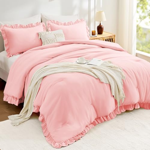 Image of FUANNA Full Size Comforter Sets Pink, 3 Pieces Ruffle Full Size Bedding Sets, Fluffy Bed in a Bag Full for All Seasons, Shabby Chic Full Bed Set with 1 Lightweight Comforter & 2 Pillowshams