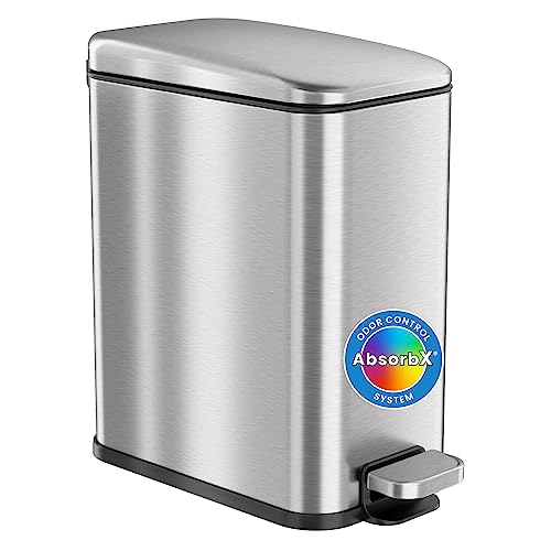 Image of iTouchless SoftStep 1.3 Gallon Small Slim Bathroom Trash Can with Removable Inner Bucket & AbsorbX Odor Filter, Stainless Steel, 5 Liter Garbage Step Bin, Bathroom, Bedroom, Business Office Cubicle