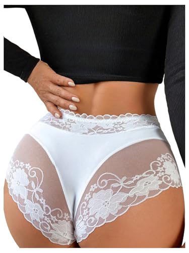 WDIRARA Womens Floral Lace Sheer Briefs High Waist Panties Sexy Seamless Underwear White X-Large