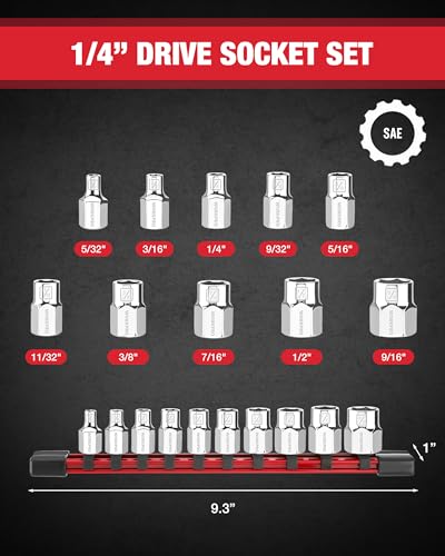 Image of WORKPRO 1 /4 inch Drive Socket Set, 10-Piece SAE Cr-V Socket Set with Organizer | Standard & Shallow Sockets, External Hex Socket, 5 /32 inch to 9 /16 inch, 6-Point, Size Markings, PVC Socket Rail, for Auto Repairs