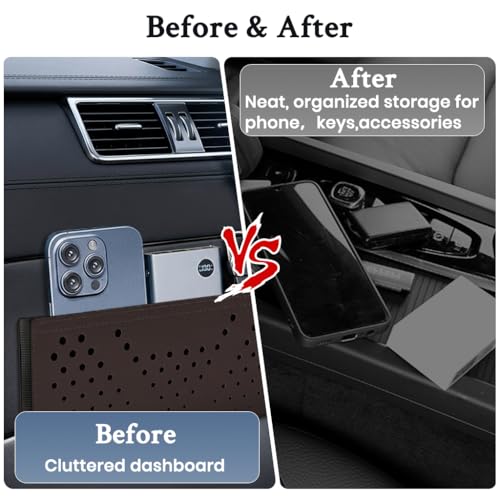 Image of STHIRA Car Storage Pouch Dashboard PU Breathable Utility Peel-and-Stick Bag Phone Keys Cards Sunglasses 24x10cm Brown Car Interior Accessories