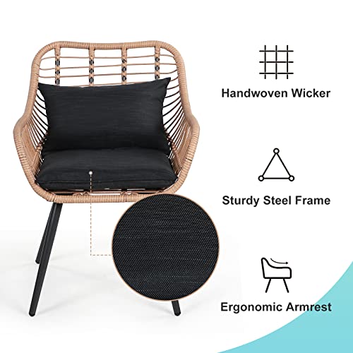 Verano Garden 3 Piece Patio Bistro Set, Outdoor Wicker Conversation Chair Sets Balcony Furniture,Coffee Table With Glass Top, Cushions & Lumbar Pillows For Porch, Backyard, Deck, Poolside #TOP2
