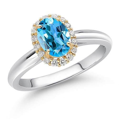 Gem Stone King Halo Engagement Ring For Women In 10K White and Yellow Gold with 7X5MM Oval Gemstone Birthstone and White Lab Grown Diamond | Available In Size 5, 6, 7, 8, 92