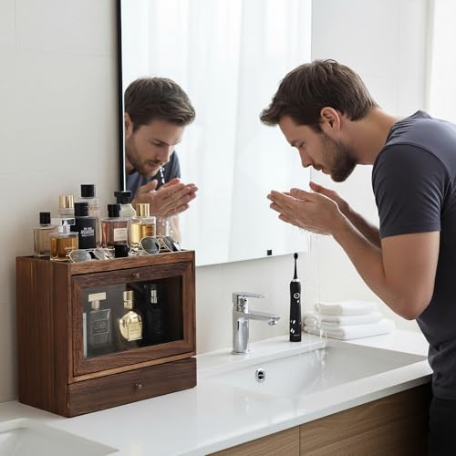 Image of Cologne Organizer for Men,Perfume Stand Holder,Cologne Shelf, Solid Wood Cologne Stand with Drawer Storage and Clear Window,Organizador de Perfumes,Perfume Stand Organizer,Brown