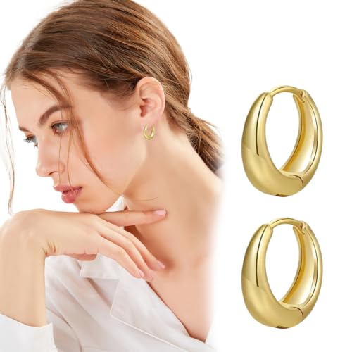 Aretes de aro gruesos de plata de ley 925 para mujer, Aretes de aro gruesos de oro en forma de lágrima y cúpula chapados en oro de 14 quilates, Hipoalergénicos, Dorados, Regalos de joyería para mujer