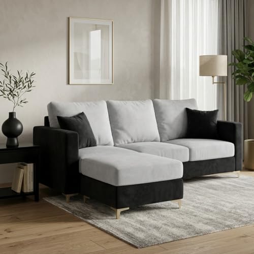 Image of Hayes Rich 4 Seater L Shape Sofa Set with Movable Ottomans | Flexible Layout | Velvet Suede Fabric | Golden Aesthetic Legs | Dual Tone Modern Sofa for Living Room (Black-Light Grey)