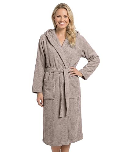 LAYNENBURG Bademantel Damen Frottee aus 100% Baumwolle OEKO TEX Standard weicher Morgenmantel langmit Kapuze Bindegürtel und aufgesetzten Taschen ideal für Sauna & Zuhause (XL taupe)