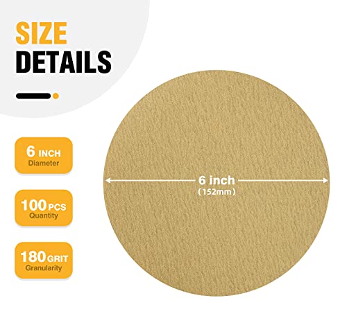 100Pcs 6 Inch Gold Psa Sanding Discs 180 Grit Self Adhesive Sticky-Back Sandpaper Aluminum Oxide Abrasive Sand Paper Woodworking Wood Metal Sanding Disc Roll #TOP2
