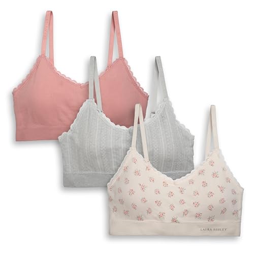 Laura Ashley Women's Pointelle and Lace Bralette Set, Seamless Wirefree Padded Bralettes, 3-Pack (US, Alpha, Large, Regular, Regular, Angel Cluster/Rosewood/Lt Heather)