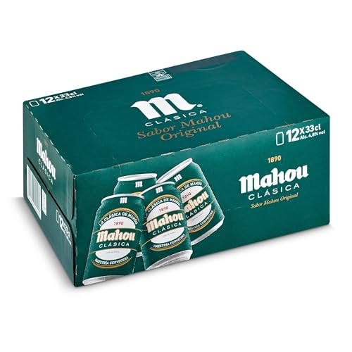 Mahou Clásica, Pack 12 Latas x 33cl, Cerveza Dorada Lager, Auténtica Cerveza Mahou Con Sabor Suave, Refrescante y Con Espuma Consistente, 4.8% Vol. Alcohol
