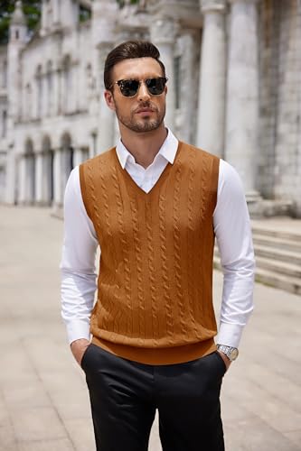 Image of COOFANDY Men's Sweater Vest Cable Knitted V Neck Slim Fit Sleeveless Pullover Sweater