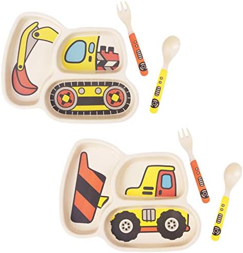 Kid Plate Set Bamboo Toddler Plates Dinnerware Dinner Dish Set Baby Feeding Spill Proof Divided Plate - Baby Spoon and fork 3-Piece Set Teaches Child Portion Control Eco-Friendly (excavator/bulldozer)