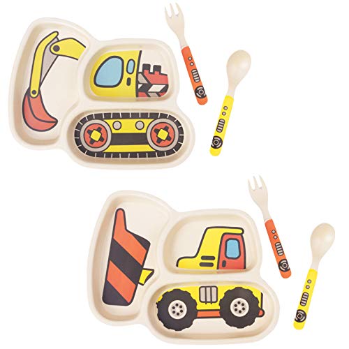 Kid Plate Set Bamboo Toddler Plates Dinnerware Dinner Dish Set Baby Feeding Spill Proof Divided Plate - Baby Spoon And Fork 3-Piece Set Teaches Child Portion Control Eco-Friendly (Excavator/Bulldozer) #TOP2