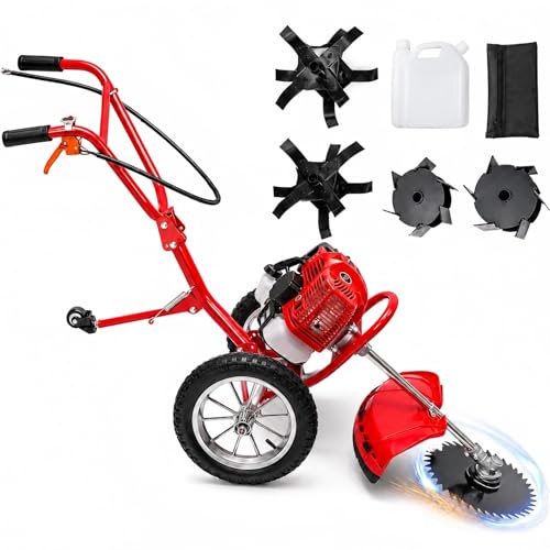 Resfirme 49CC Gas Lawn Mower,2-Stroke Push Lawn Mower 1.8KW 7000RPM Brush Cutter with 2 Loosening Blades Mowing & Loosening 2-in-1 Gas Mower with Air-Cooled System