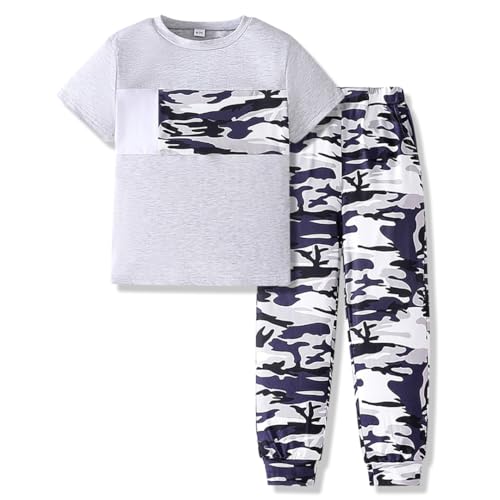 OLMRJKD Boys 2 Piece Outfits Color Block Clothes Short Sleeve T Shirt and Camouflage Pants Summer Clothing Sets Size 11 12