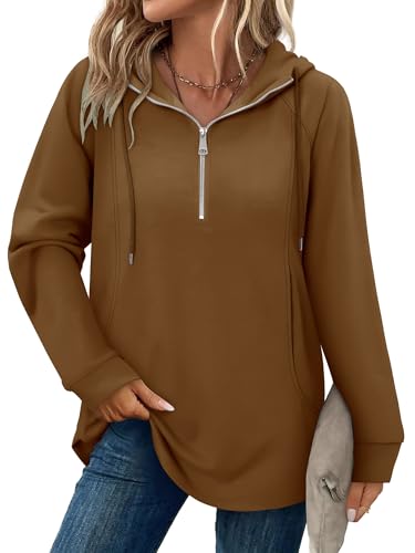 onlypuff Women Hoodie Pullover Trendy Quarter Zipper Lapel Sweatshirts Drawstring Cute Hooded Tunic Tops with Side Pockets