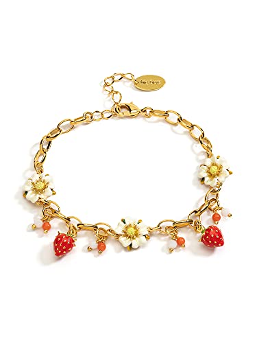 Fruit Strawberry And White Flower Enamel Charm Bracelet Jewelry Gift
