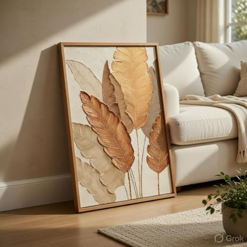 Image of Livin'luxe Minimalist Botanical Leaf Wall Painting with Natural Color Synthetic Frame | Modern Beige Leaf Artwork HD UV Laminated MDF Wall Decor | Aesthetic Nature Wall Art for Living Room Bedroom Home