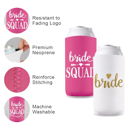 Image of PartyGifts&Beyond Bridesmaid Gifts Can Cooler 10Packs Bachelorette Party Decorations Slim Can Cooler Bride Squad Can Sleeves(Neon Pink)